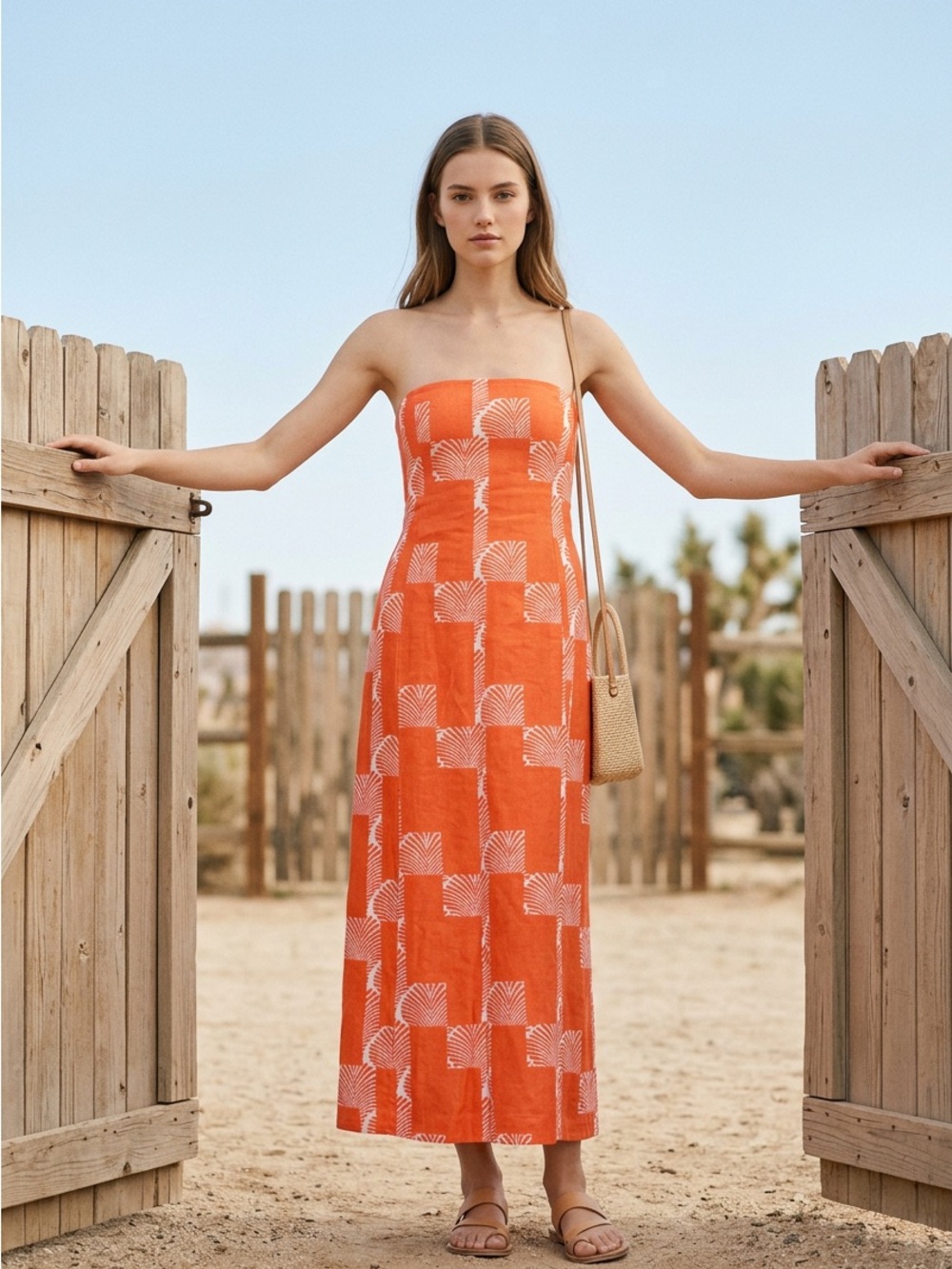 Anthropologie Orange Strapless Printed Maxi Dress
